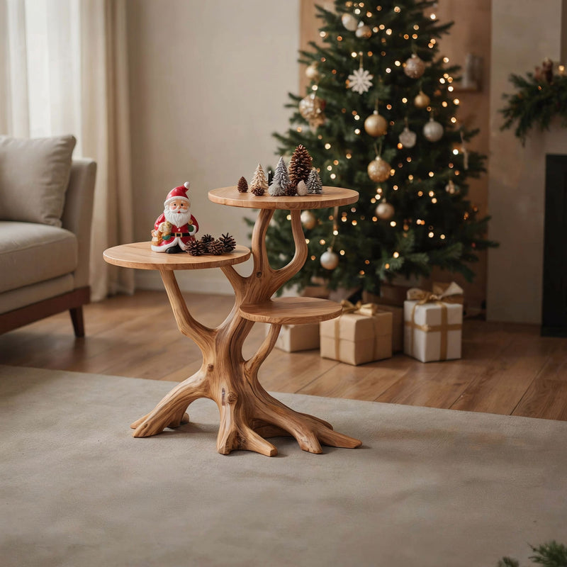 Sculptural multi-tier end table in solid wood