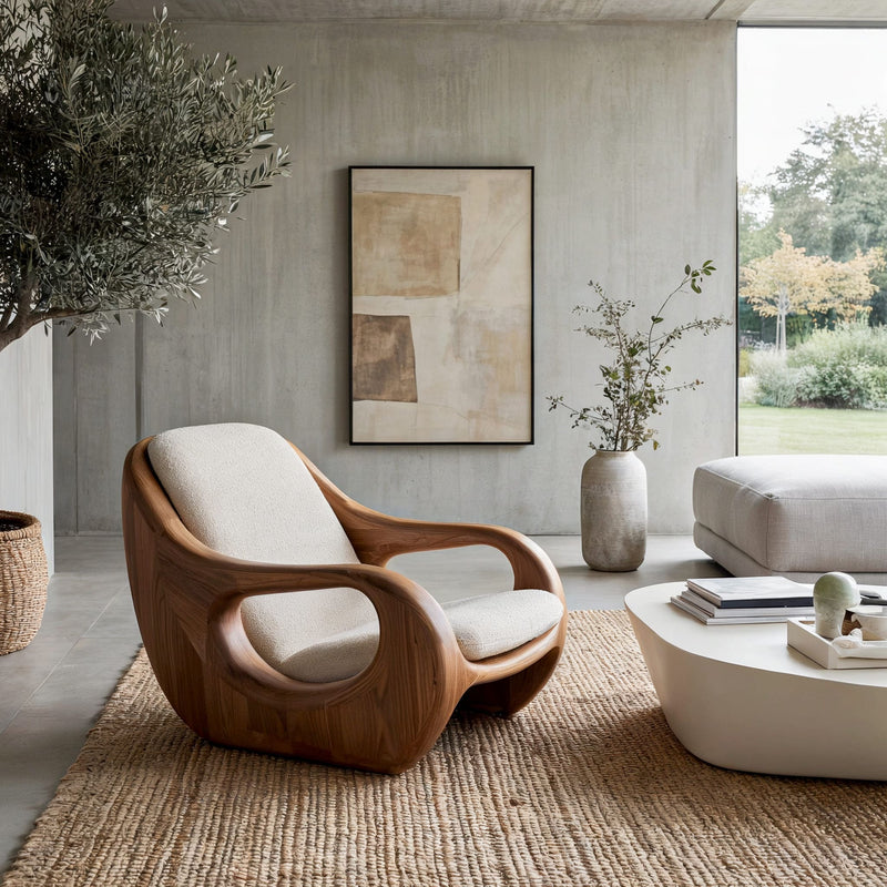 Artistic sculptural wooden lounge chair crafted from premium solid wood