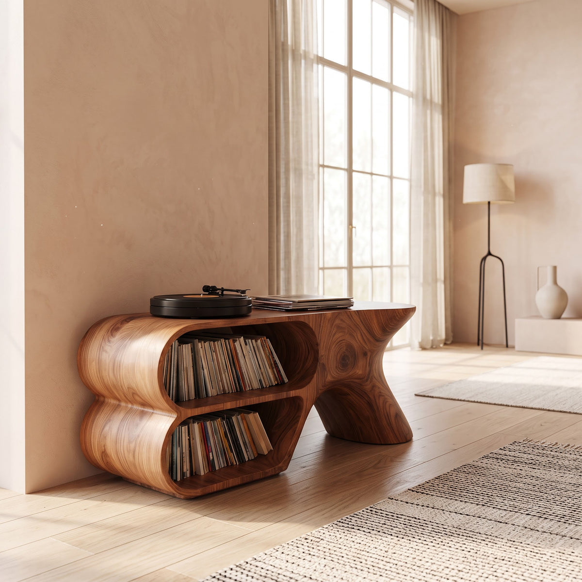 Sculptural organic solid wood record player stand in a contemporary living room