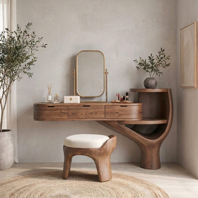 Sculptural Organic Solid Wood Vanity Desk – Modern Japandi Makeup & Writing Table