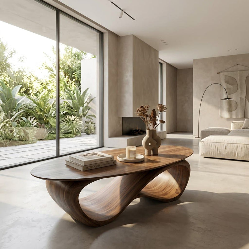 Sculptural oval coffee table crafted from solid wood with a modern design