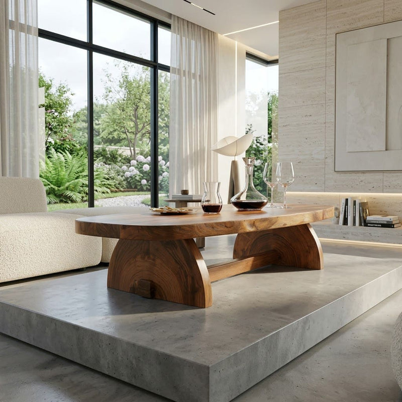 Sculptural oval coffee table crafted from solid wood with a crescent pedestal base