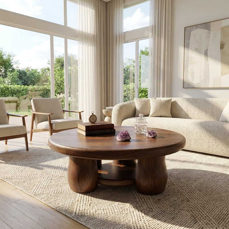 Sculptural round coffee table crafted from solid wood with a lower storage shelf