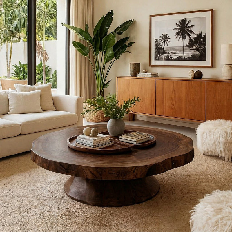 Sculptural round coffee table crafted from solid wood