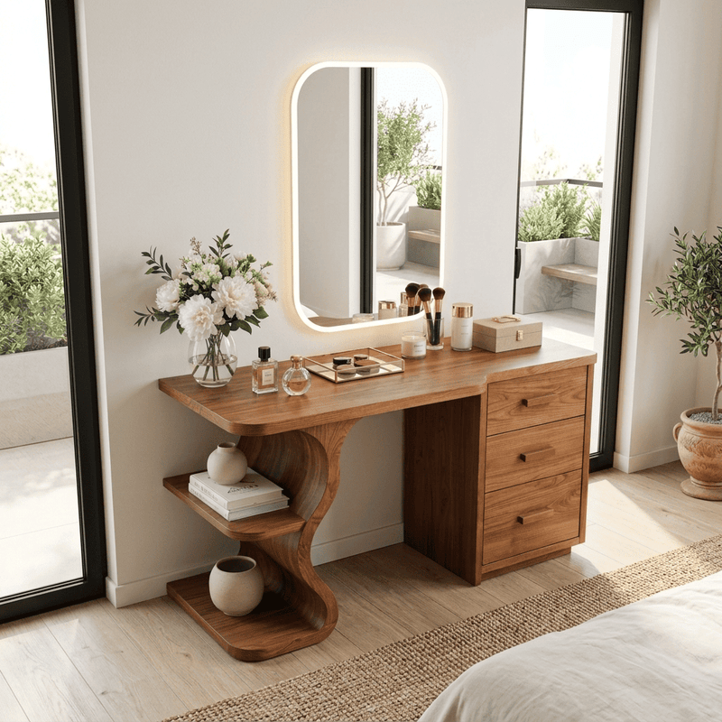 Sculptural S-curve makeup vanity desk with 3 drawers in solid wood