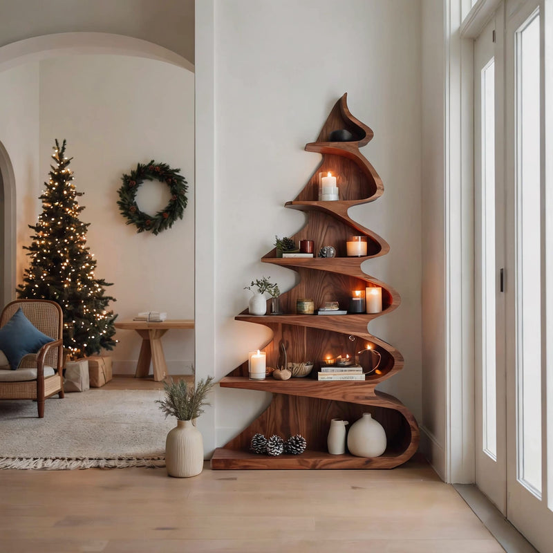 Contemporary organic tree shelf crafted from solid wood