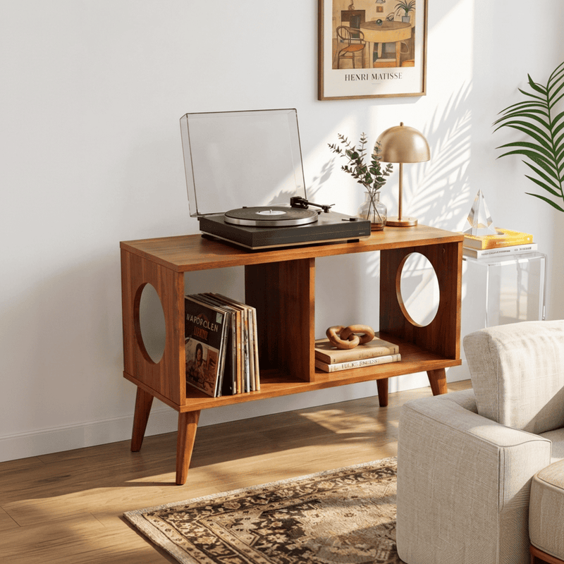 Mid-century wooden record player stand crafted from solid wood