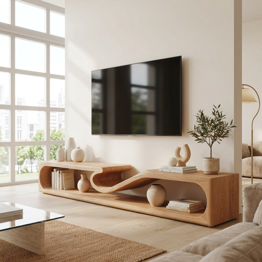Sculptural wooden TV stand crafted from solid wood