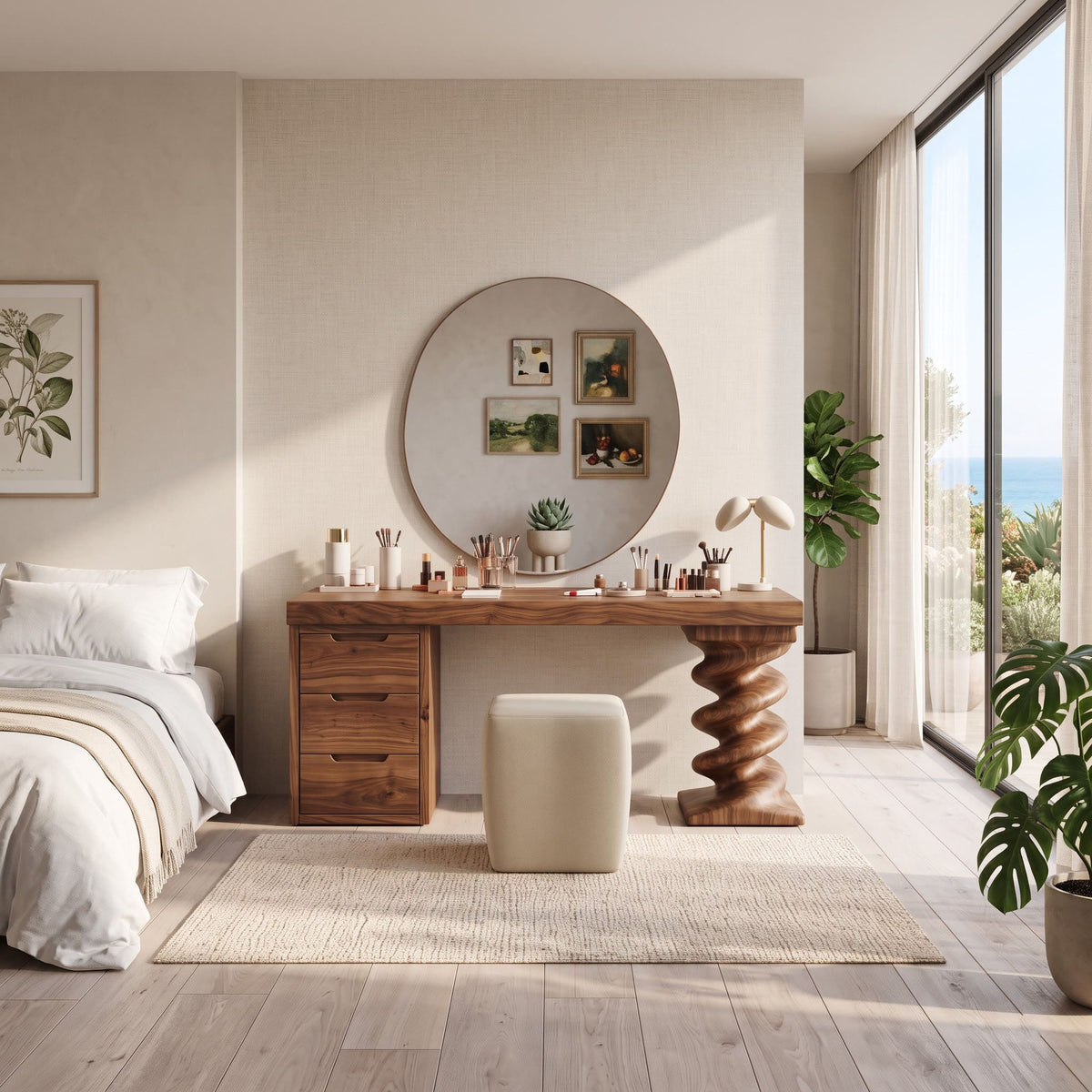 Organic solid wood spiral column vanity displayed in a minimalist bedroom
