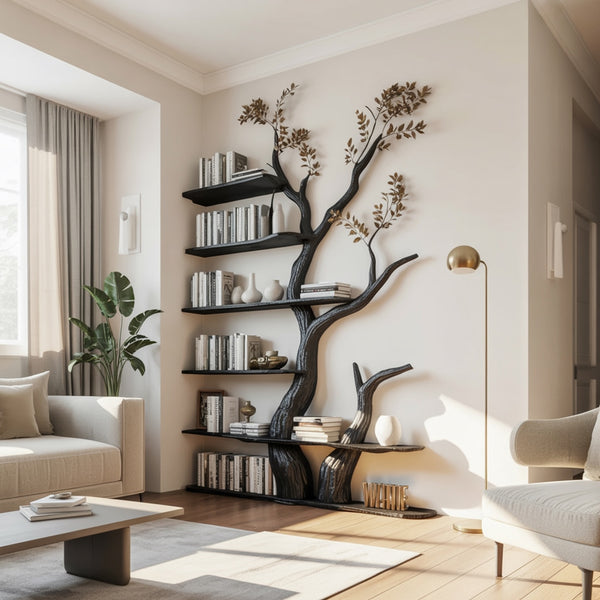 Sculptural Tree Branch Live Edge Solid Wood Wall Shelf – Dramatic Black Organic Bookshelf