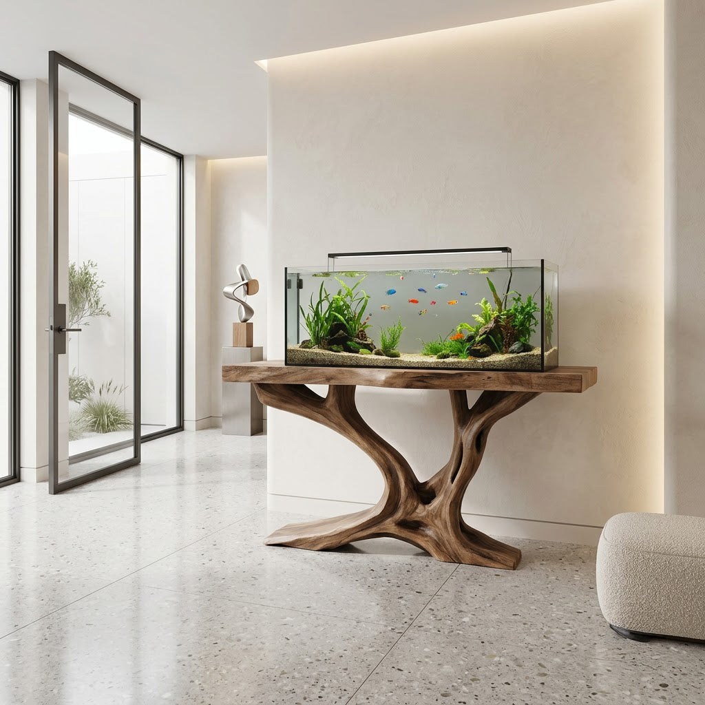 Sculptural tree branch solid wood aquarium stand in a contemporary living room