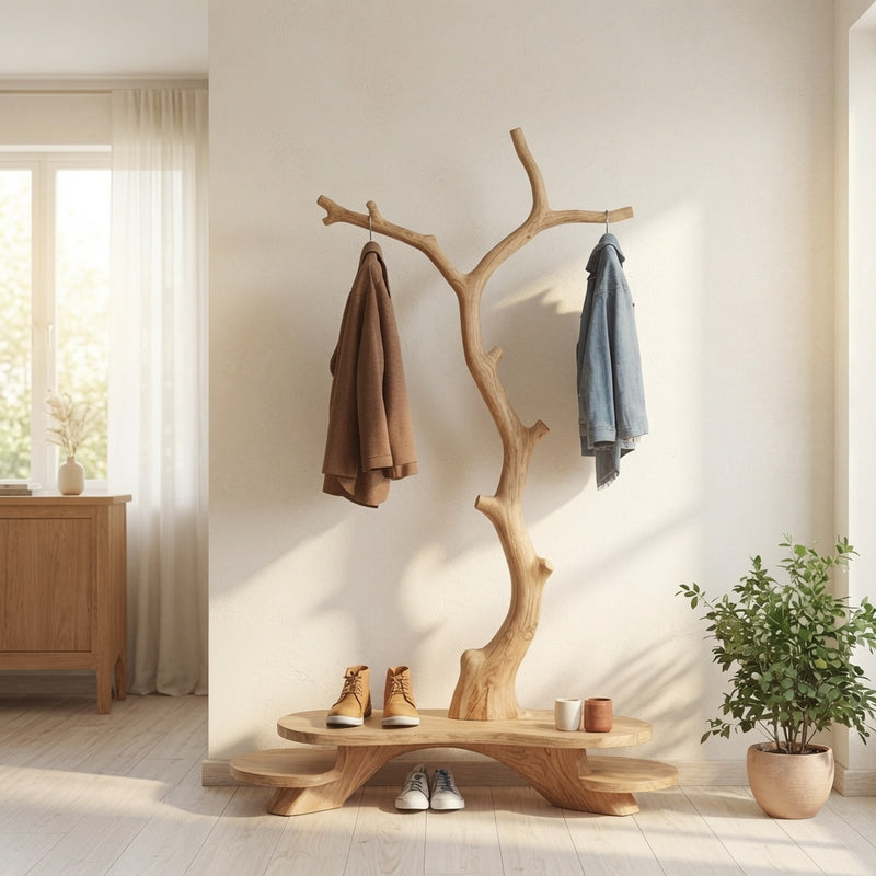 Sculptural tree branch coat rack with shoe bench in solid wood