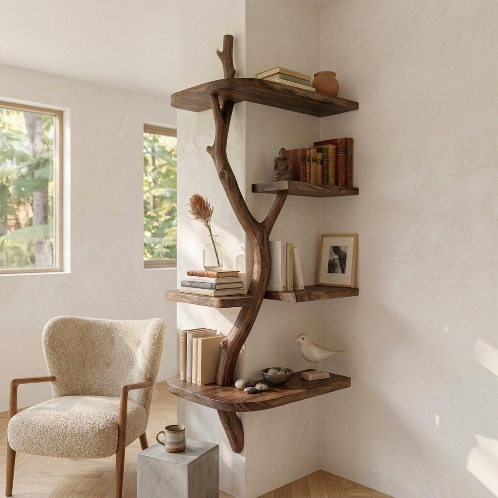 Artistic tree branch display shelf crafted from solid wood