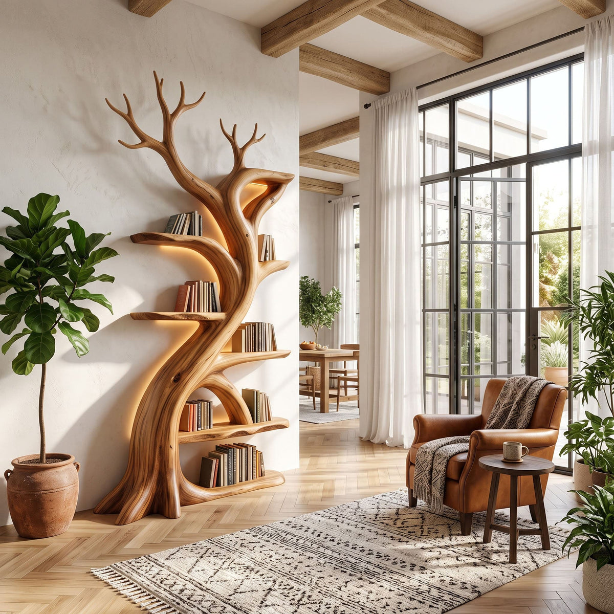 Solid wood multi-tier bookshelf styled in a modern reading nook