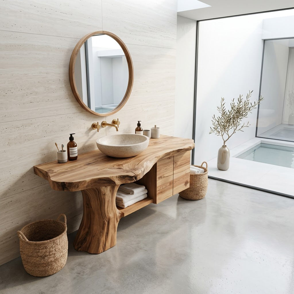 Organic solid wood live edge storage console styled in a modern bathroom interior