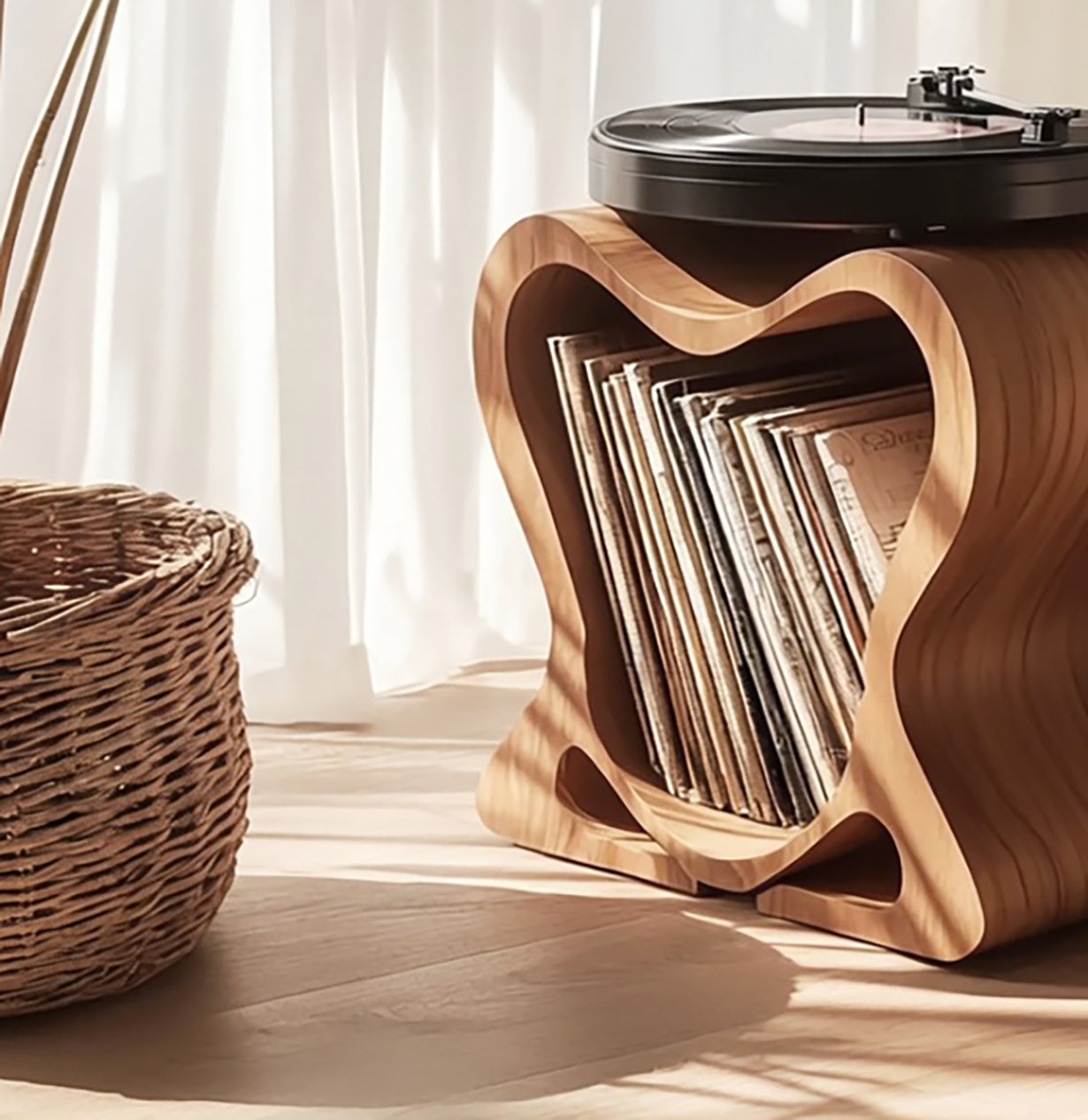 Sculptural wood media cabinet for record player and vinyl collection