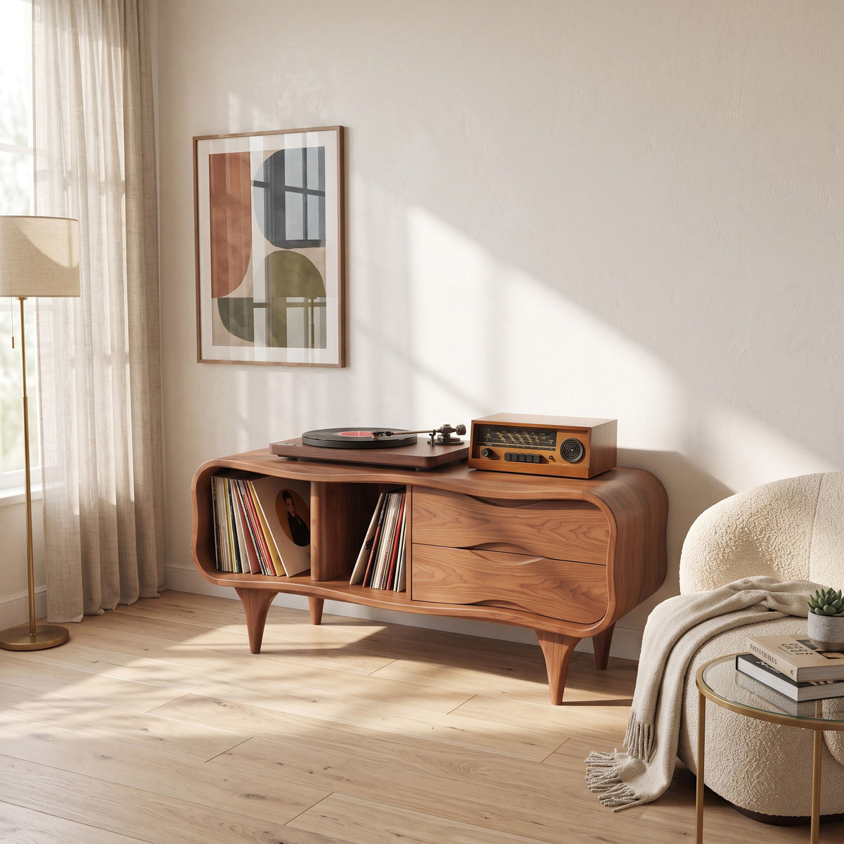 Sculptural solid wood record console enhancing a contemporary home interior