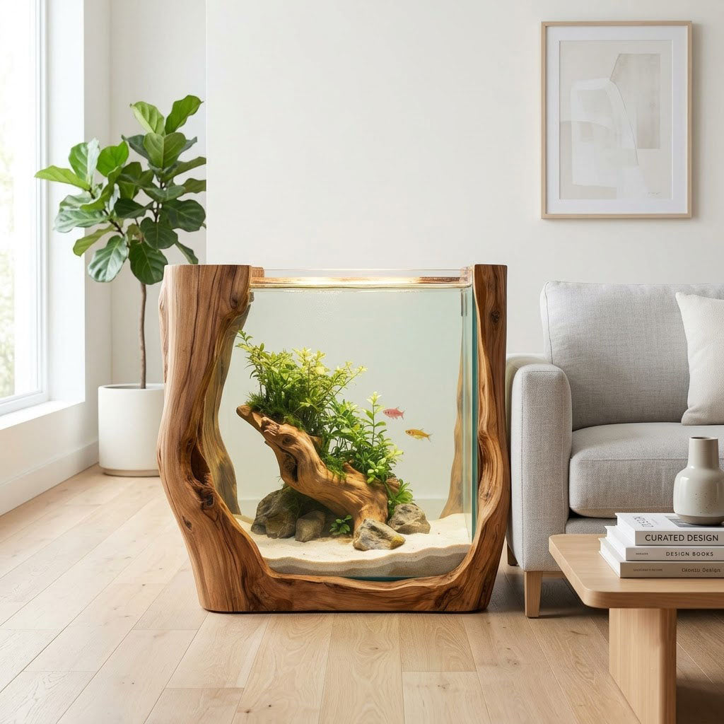 Sculptural solid wood aquarium stand displayed in a minimalist home