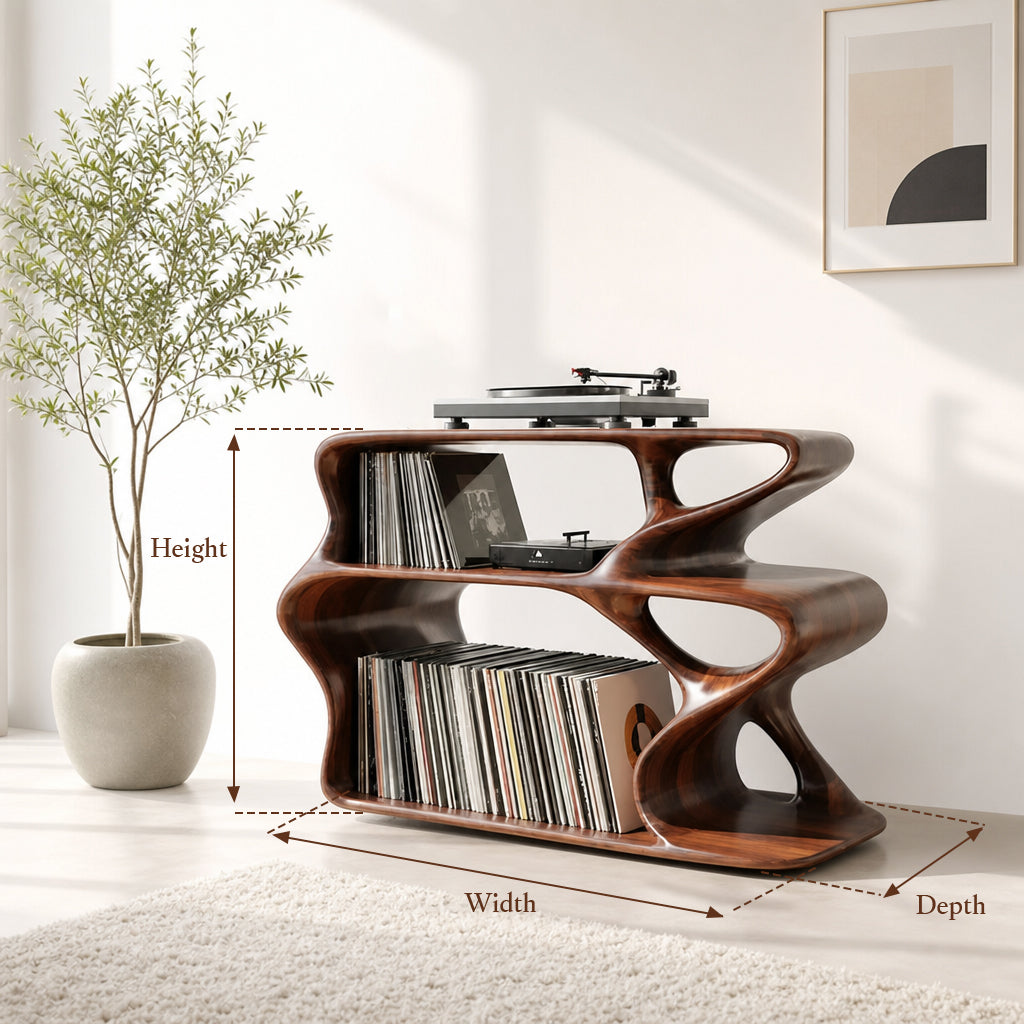 Sculptural Wooden Record Player Stand with Vinyl Storage – Organic Modern Turntable Console