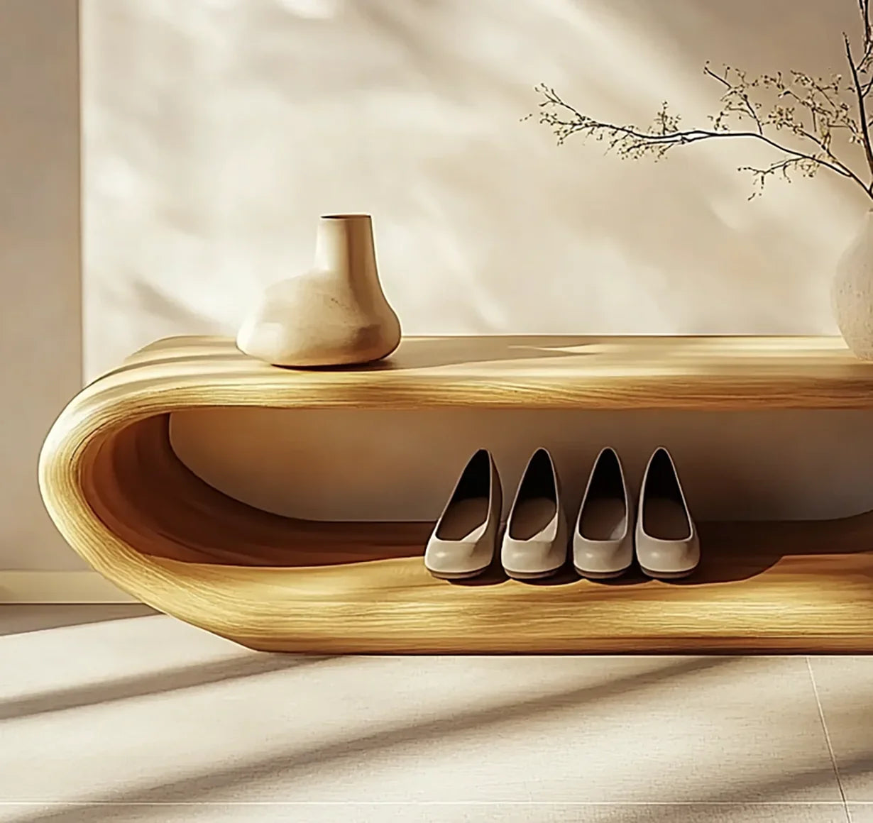 Wooden entryway bench with shoe storage and natural style