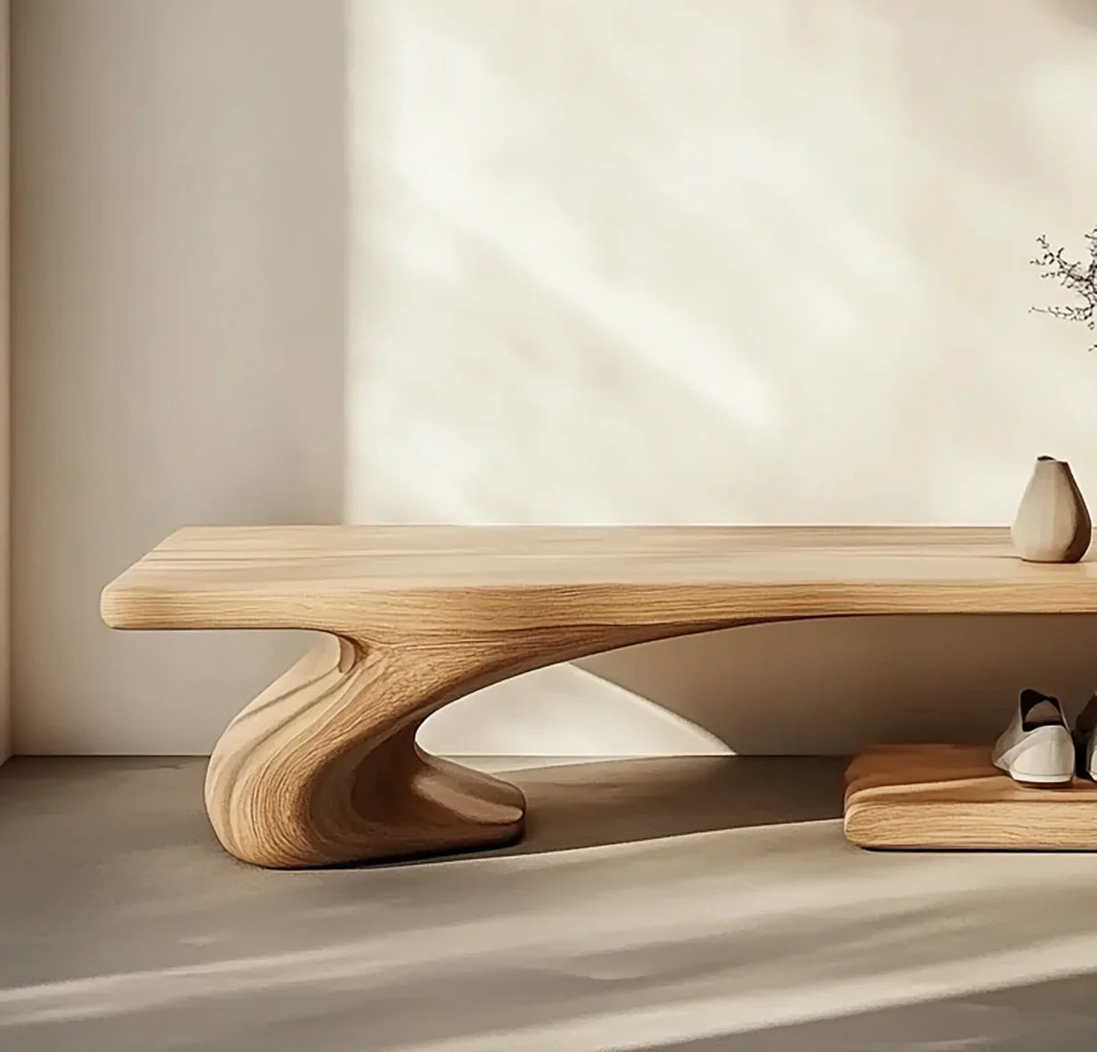 Wooden shoe storage bench for small hallway spaces