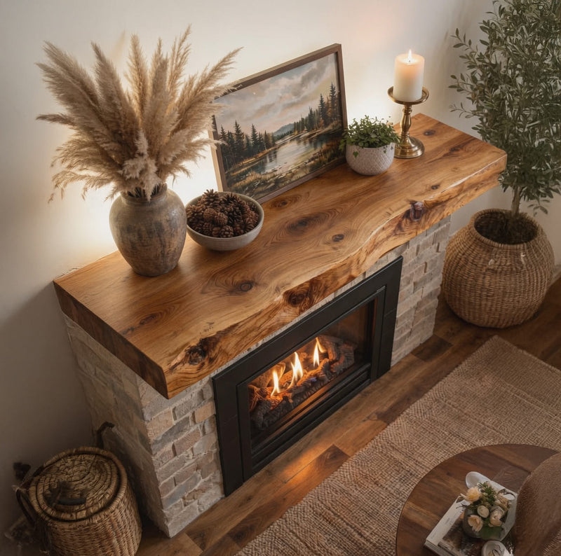 Live-edge fireplace mantel shelf crafted from solid wood