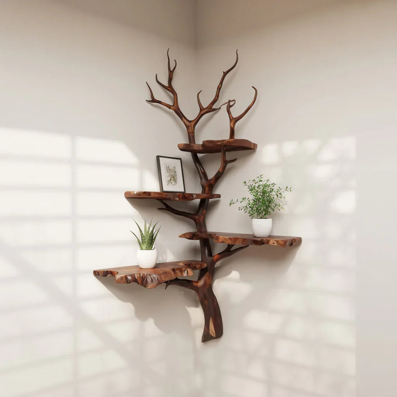 Live edge solid wood tree bookshelf corner shelf with plants and decor in modern room, Solid wood grain detail on a handcrafted corner tree bookshelf trunk and branches