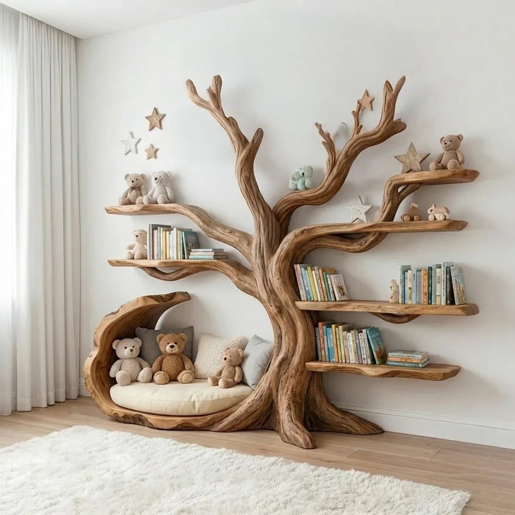 Handcrafted solid wood kids bookshelf styled in a cozy nursery with books, toys, and soft decor