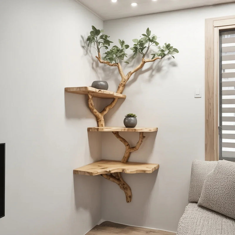 Styled corner tree bookshelf with books, plants, and decor objects on natural wood branches, Decorative wooden corner shelves with natural tree branch design holding small gray pots and green plants in minimalist living room