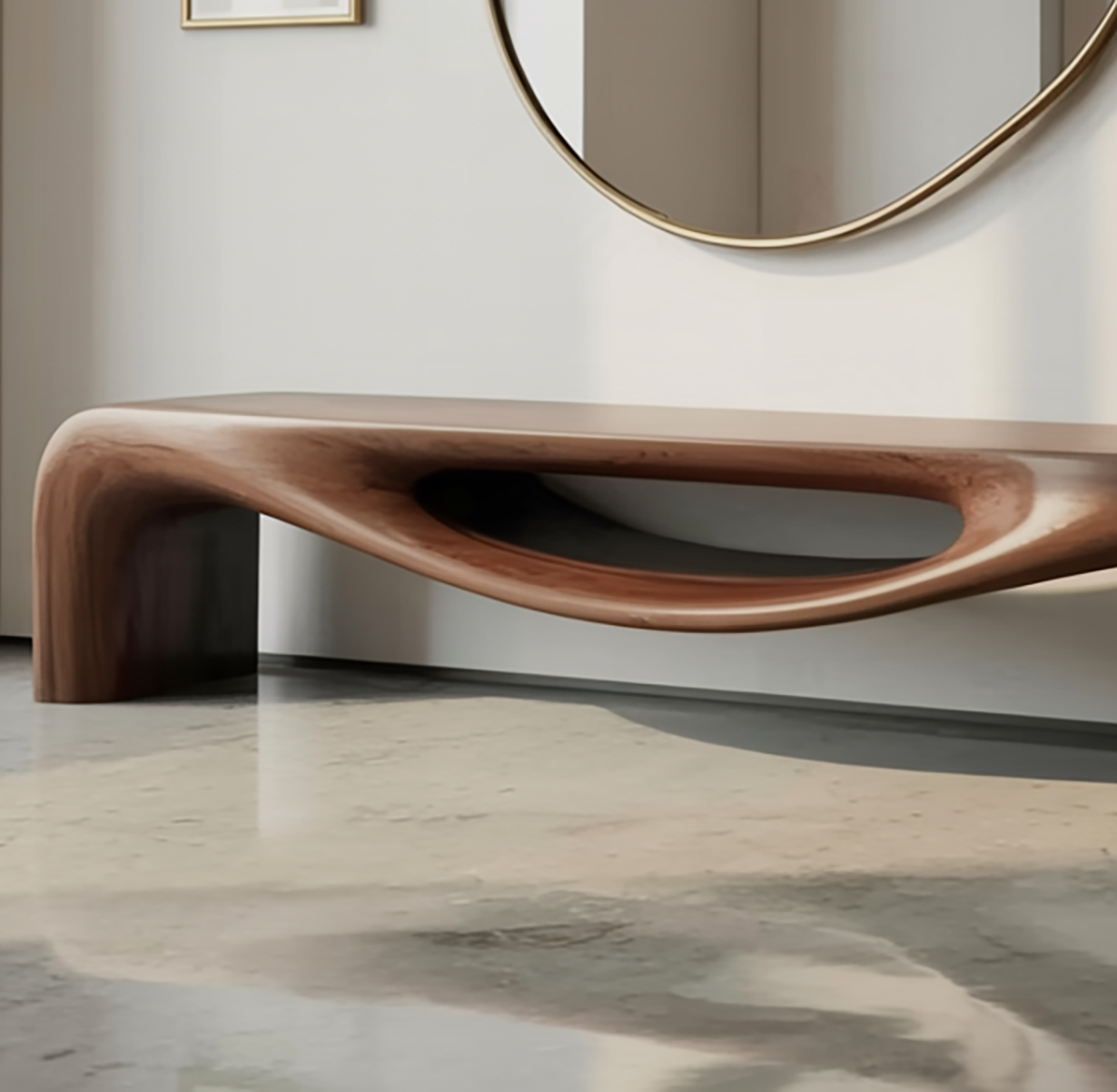 Unique Organic Shape Solid Wood Sculptural Entryway Bench