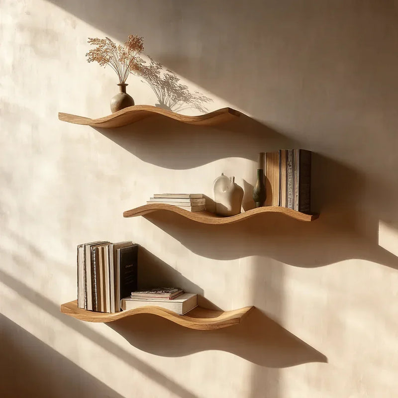 Three curved floating wood shelves with books and minimalist decor on a sunlit wall