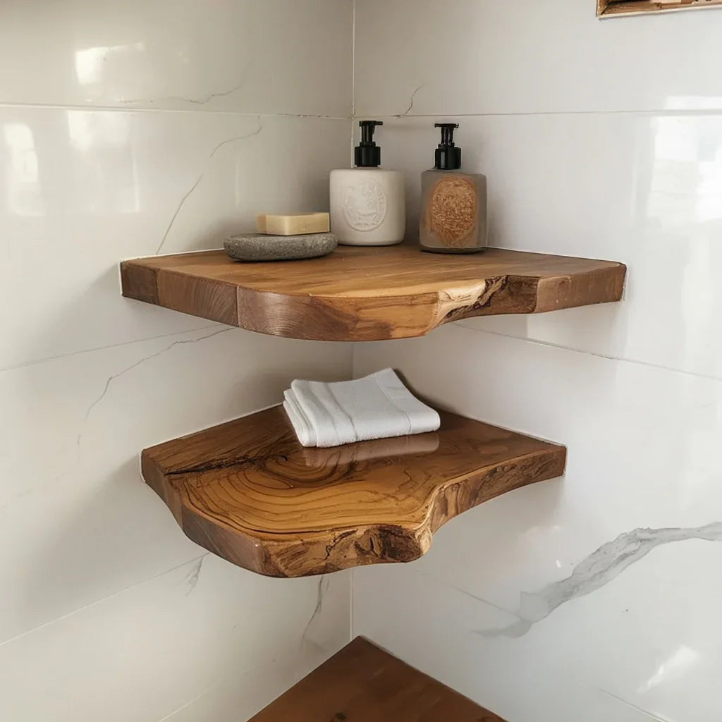 Live edge solid wood floating corner shelves in a modern bathroom setting