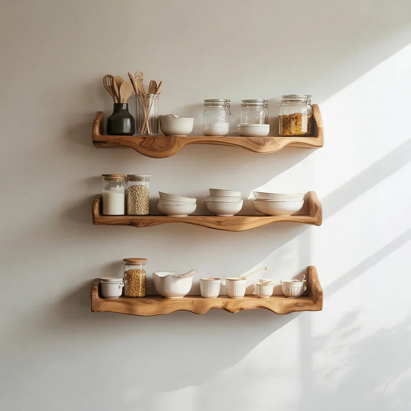 Three floating live edge wooden shelves holding kitchen jars, bowls, and utensils in sunlight.