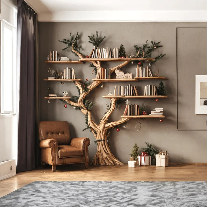 Solid wood tree bookshelf wall unit with books, decorations, and a cozy armchair in a modern living room