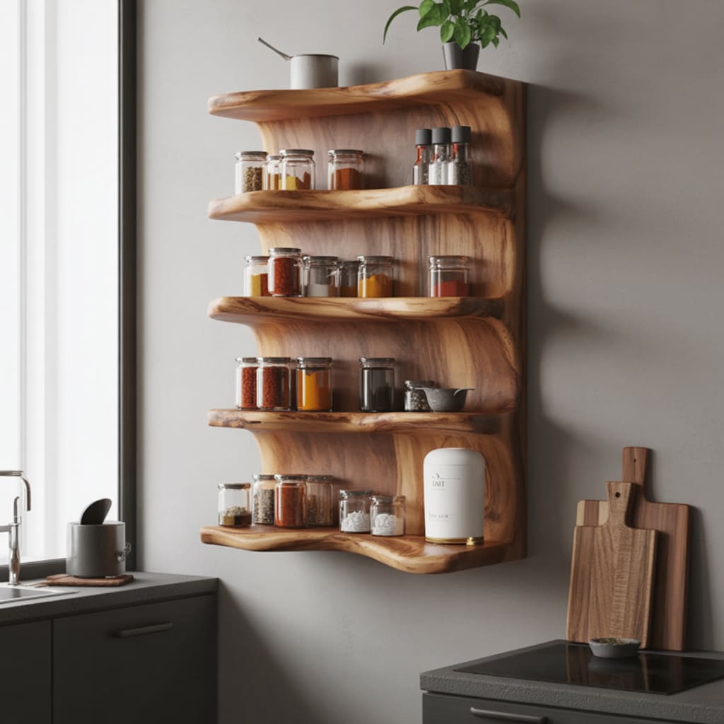 Handcrafted wavy wooden spice rack in solid wood for kitchen wall organization