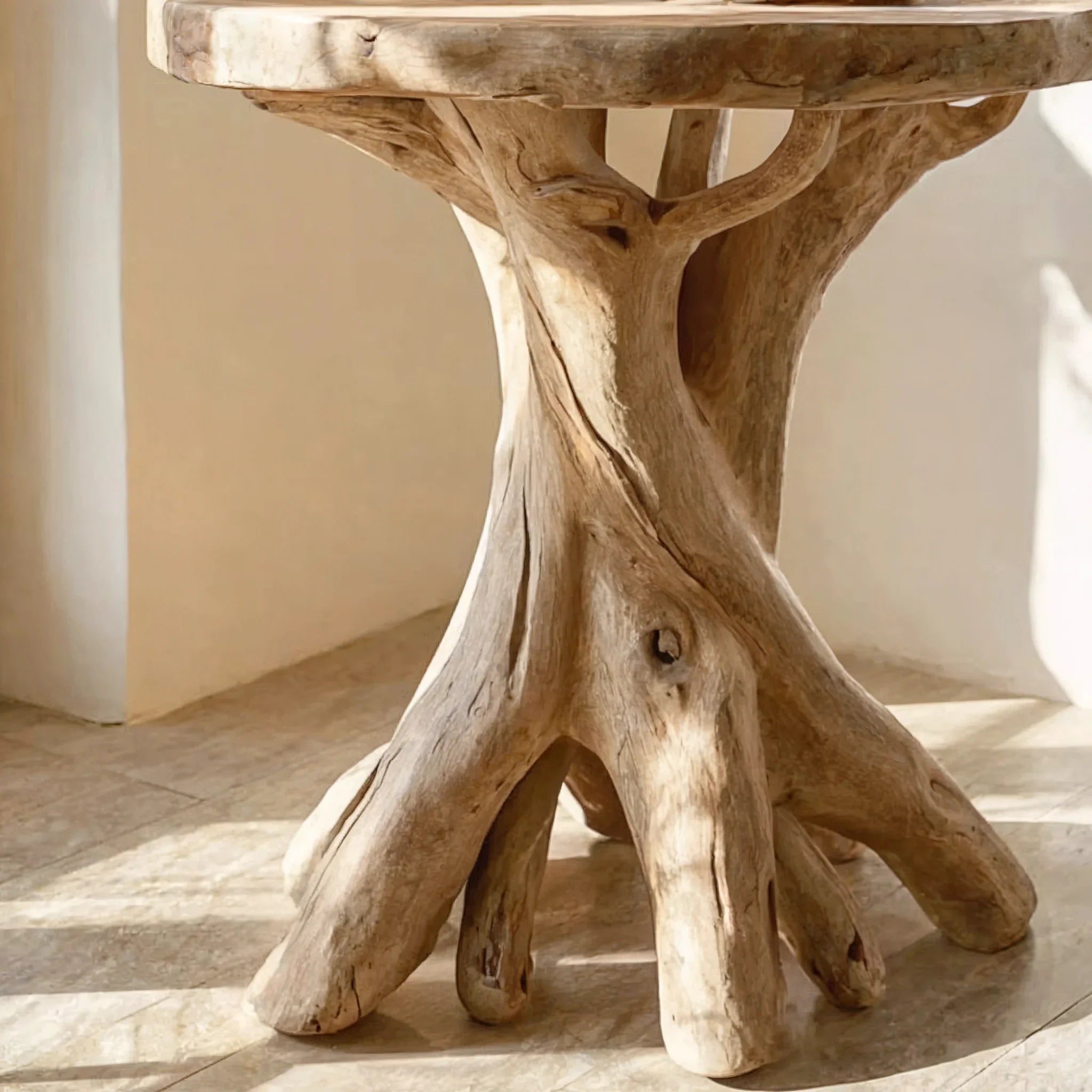 Close-up of a rustic live edge wooden table with natural tree trunk base on stone floor