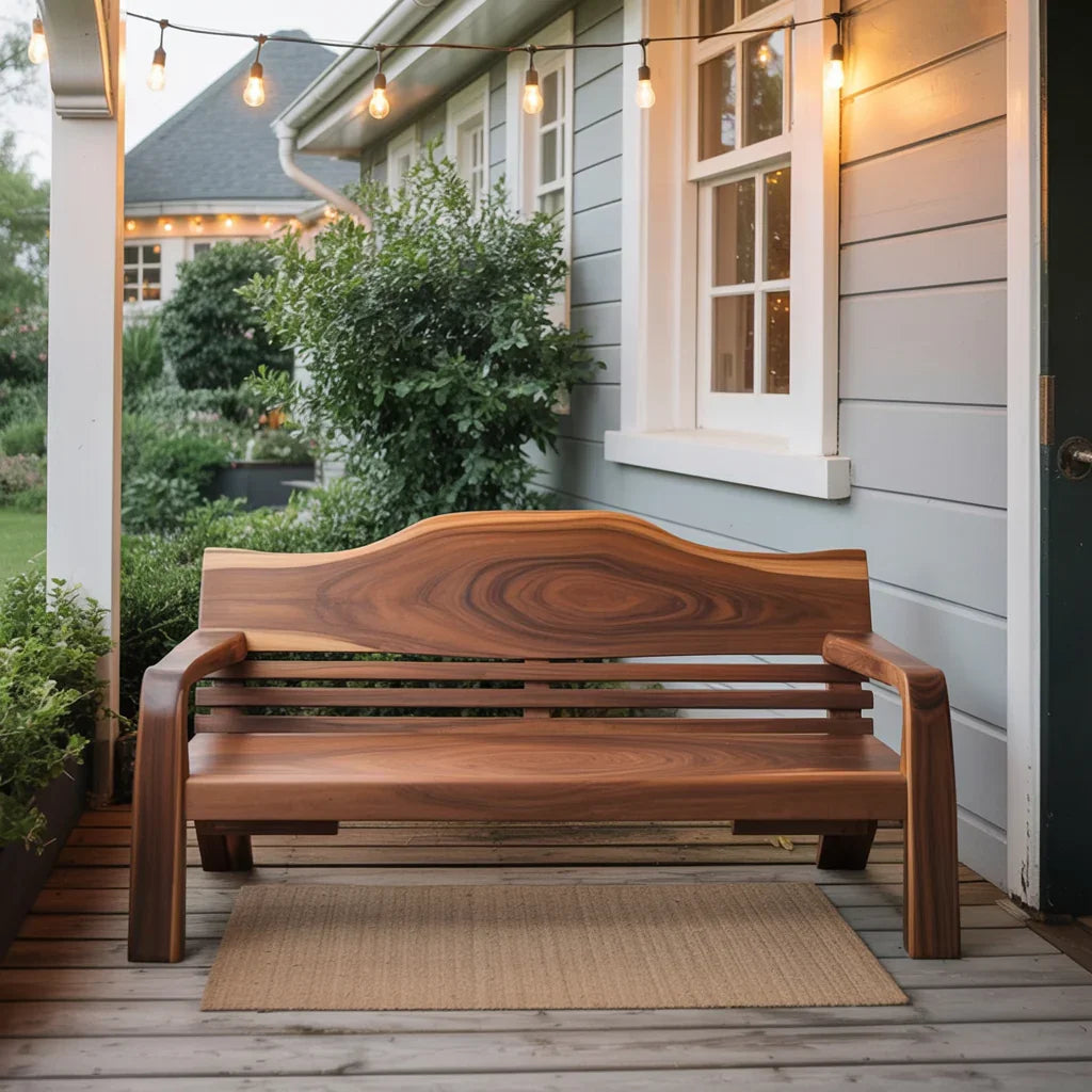 Elegant wooden bench on a porch with string lights, plants, and a blue house exterior