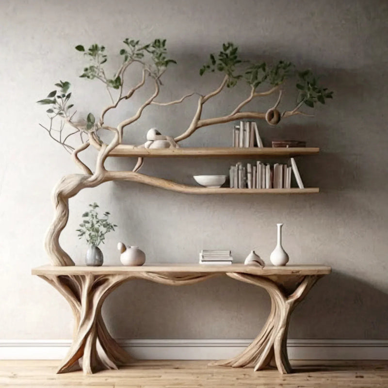 Minimalist interior with a handcrafted wood tree bookshelf, live edge shelves and table.