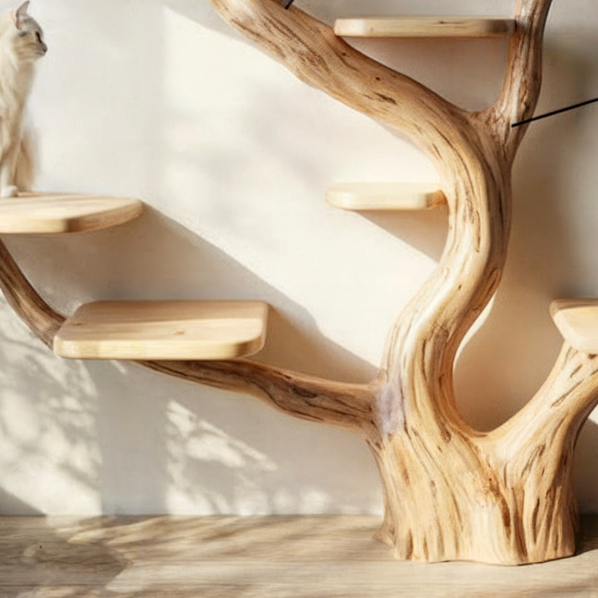 Rustic Solid Wood Cat Tree – Handmade Natural Cat Tower, Bed & Play Stand