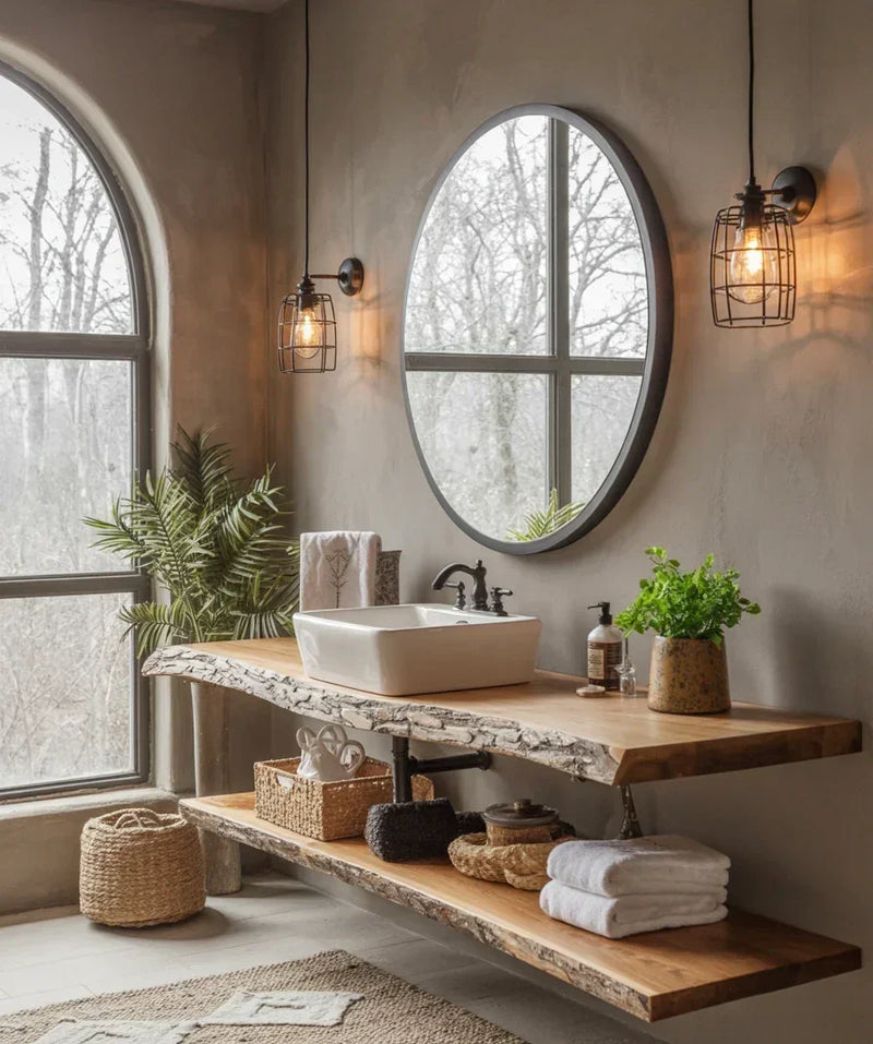 Modern rustic bathroom with live edge wood vanity, vessel sink, round mirror, and natural decor