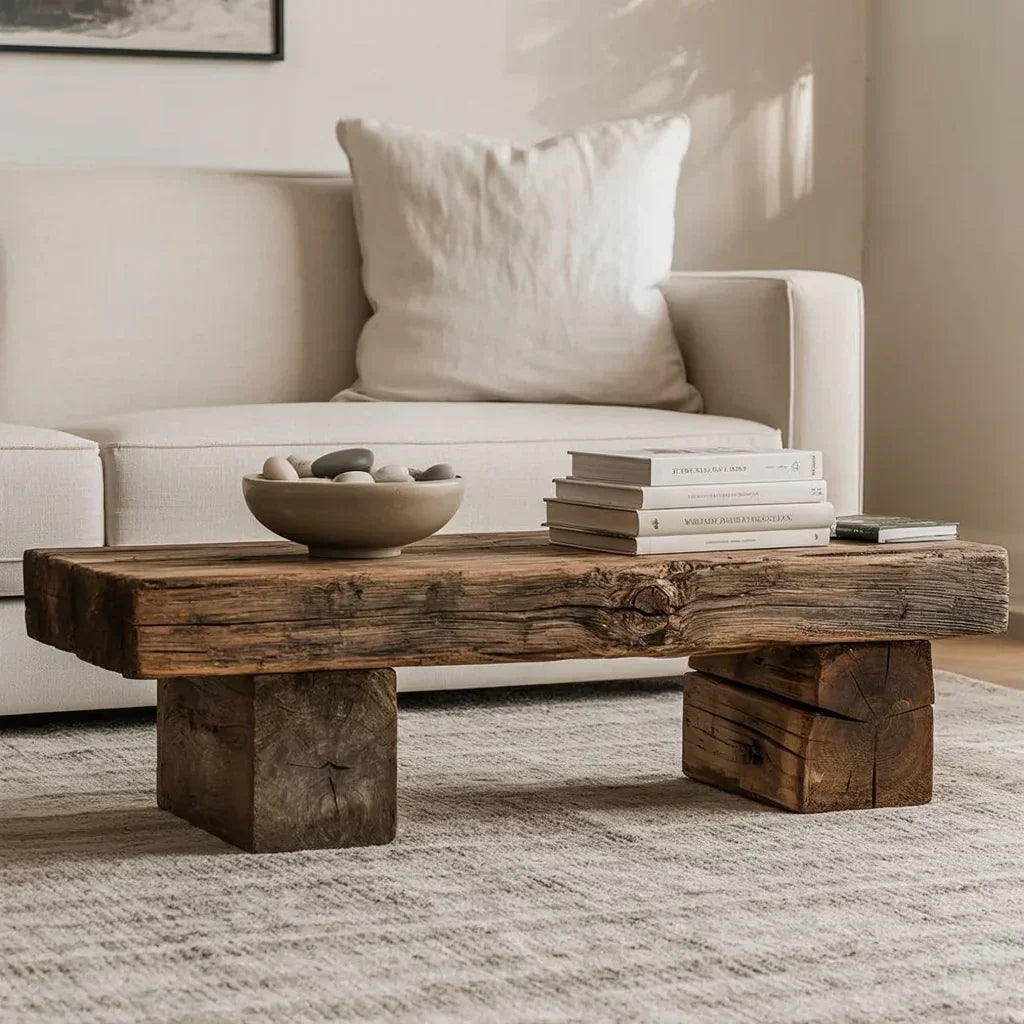 Rustic solid wood coffee table with natural grain in a cozy living room setting