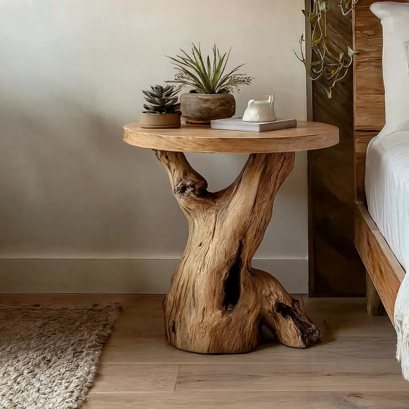 Rustic driftwood side table with live edge top, plants and books in a cozy bedroom setting