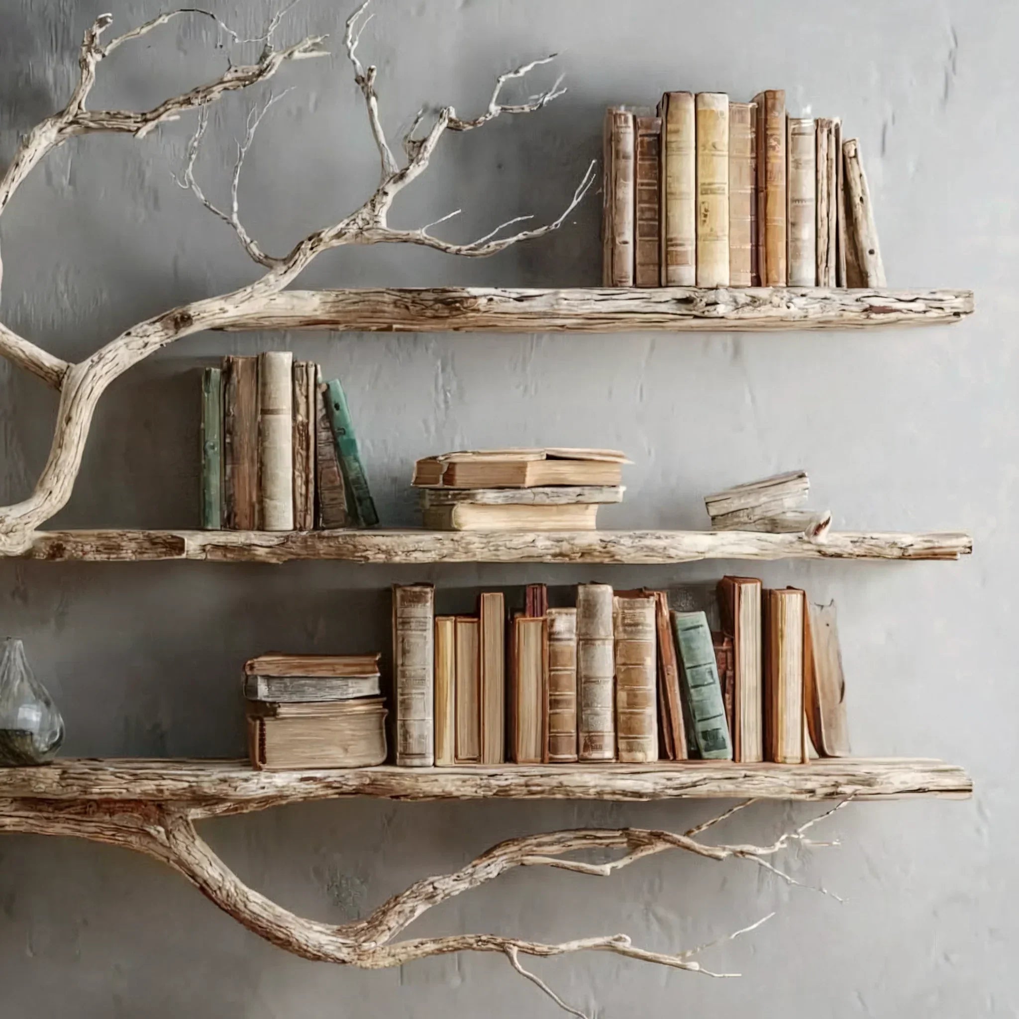 Rustic wood wall-mounted shelf with branch design holding vintage books against gray wall.