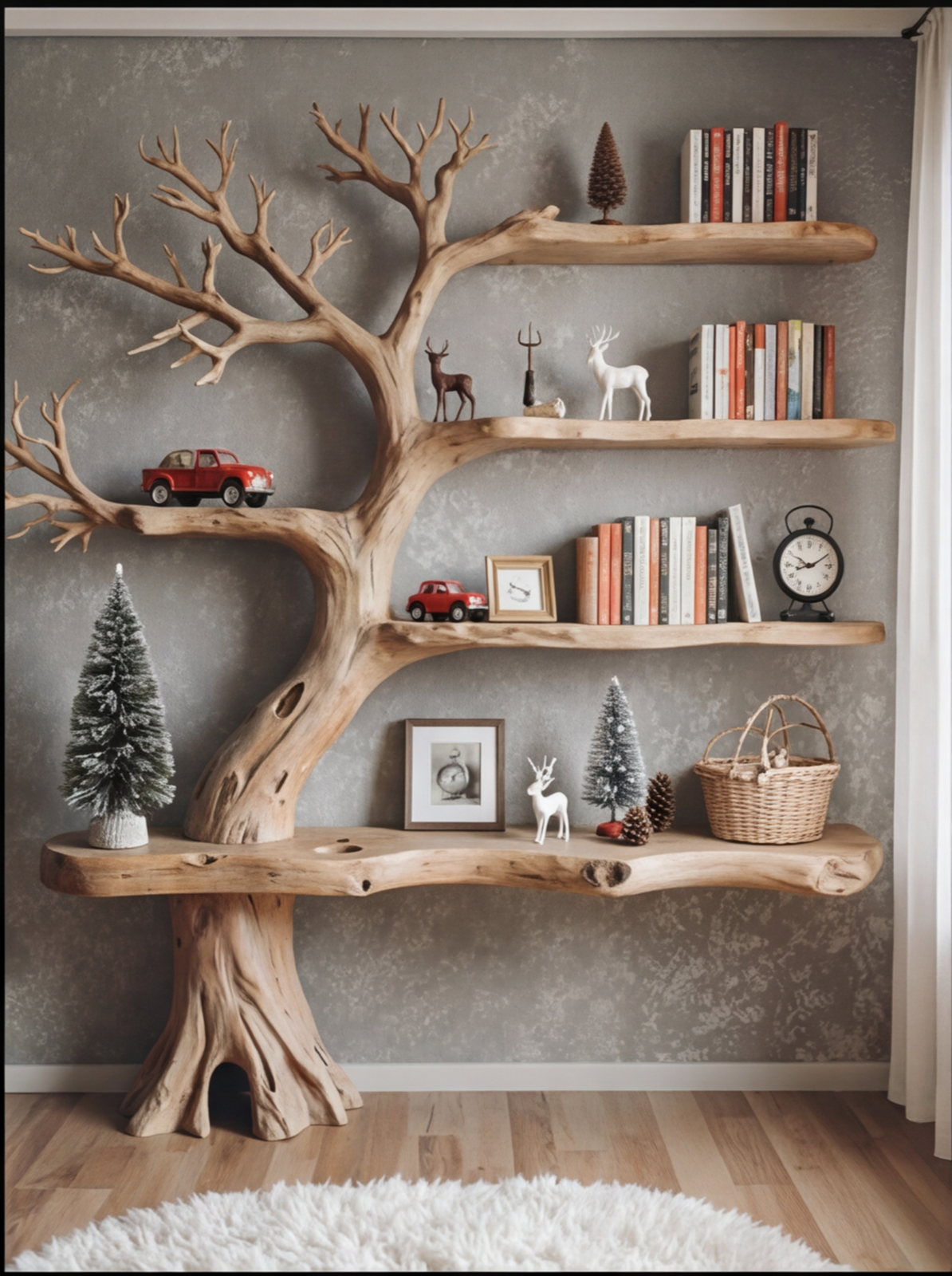 Tree-shaped solid wood bookshelf with books, toy cars, deer figurines, and decor accents