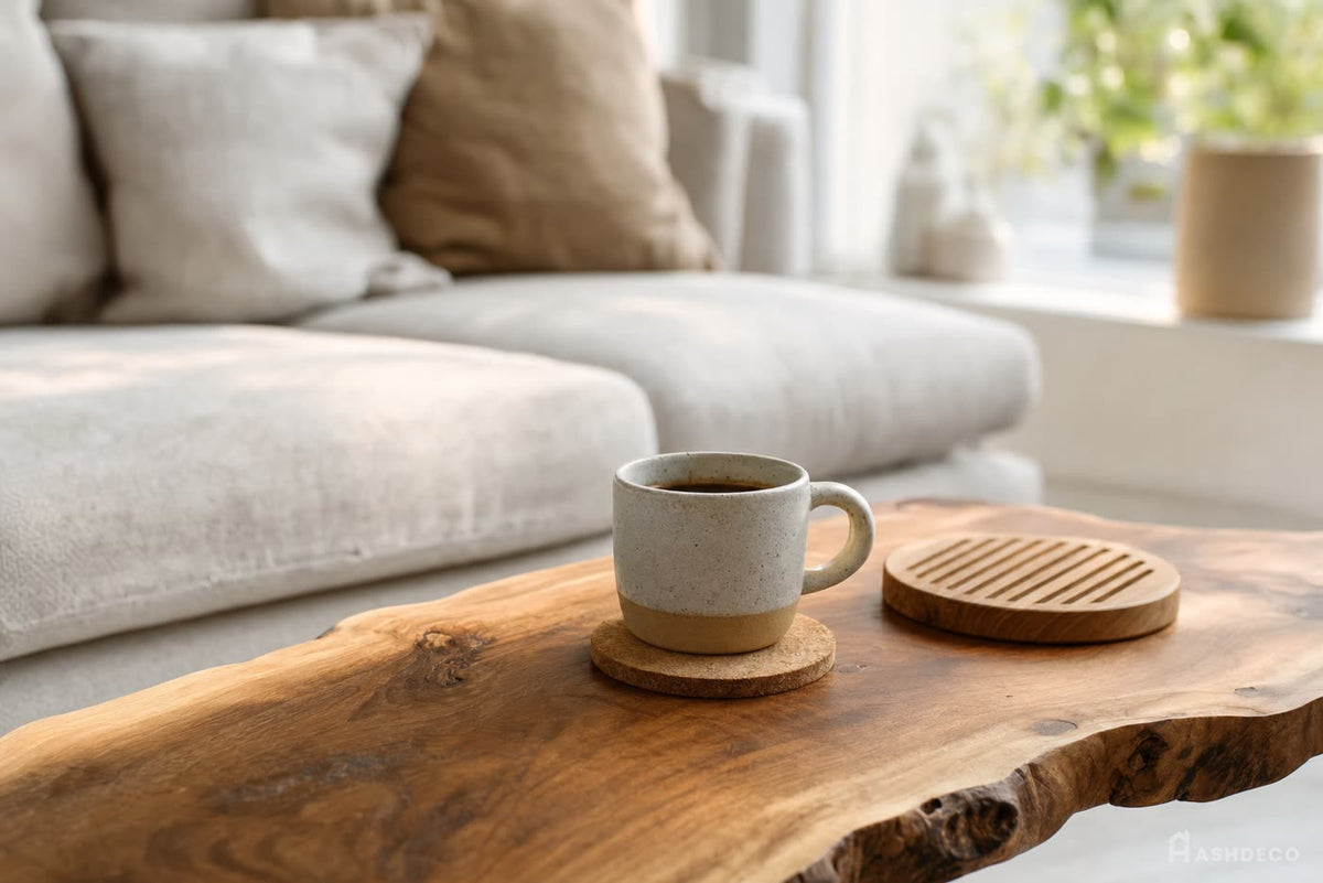 A mug on a cork coaster on a live-edge coffee table.