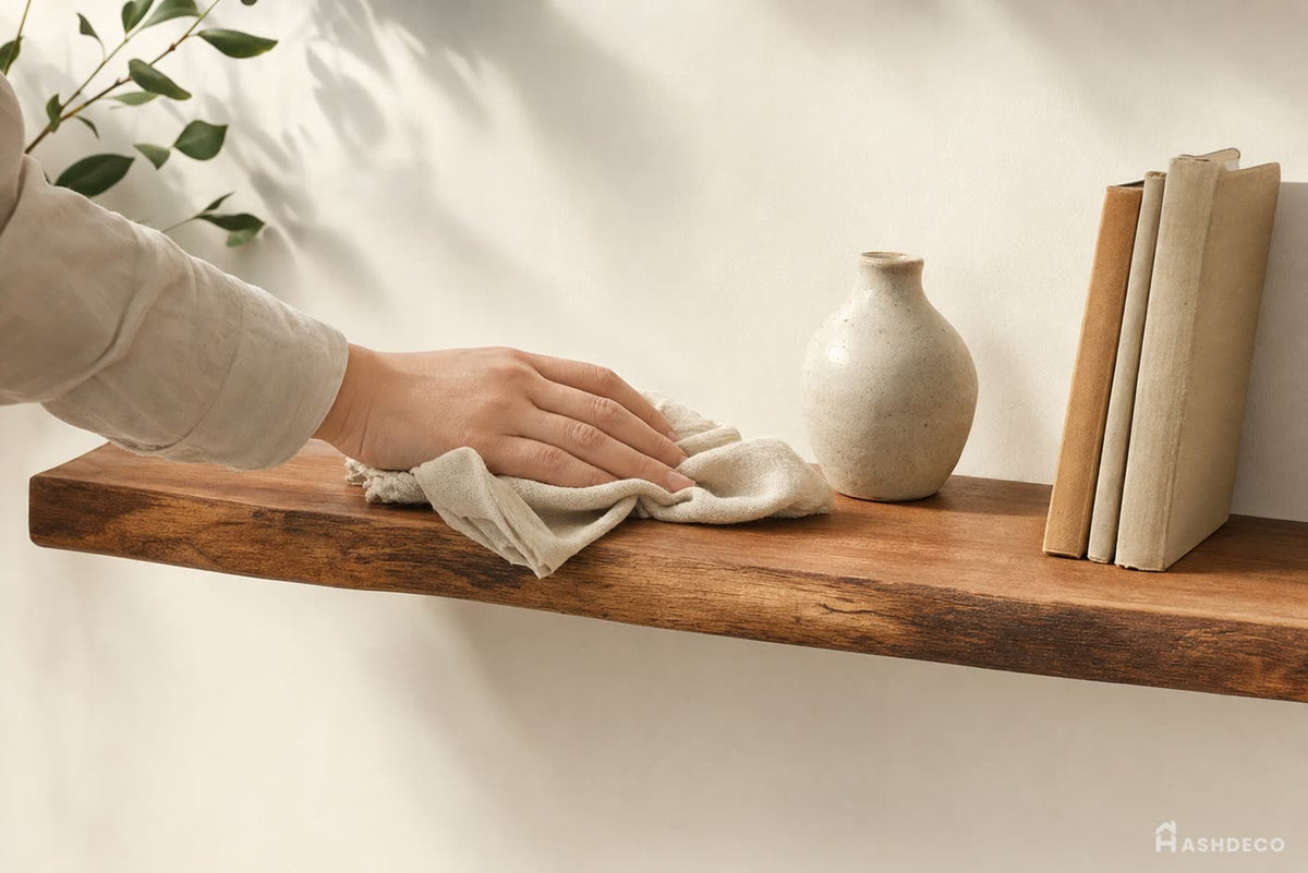 Dusting a solid wood floating shelf with a soft cloth.