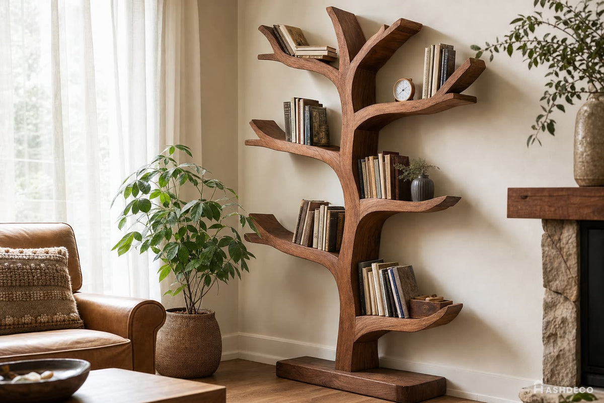 A tree bookshelf in a calm room with a plant and a hygrometer.