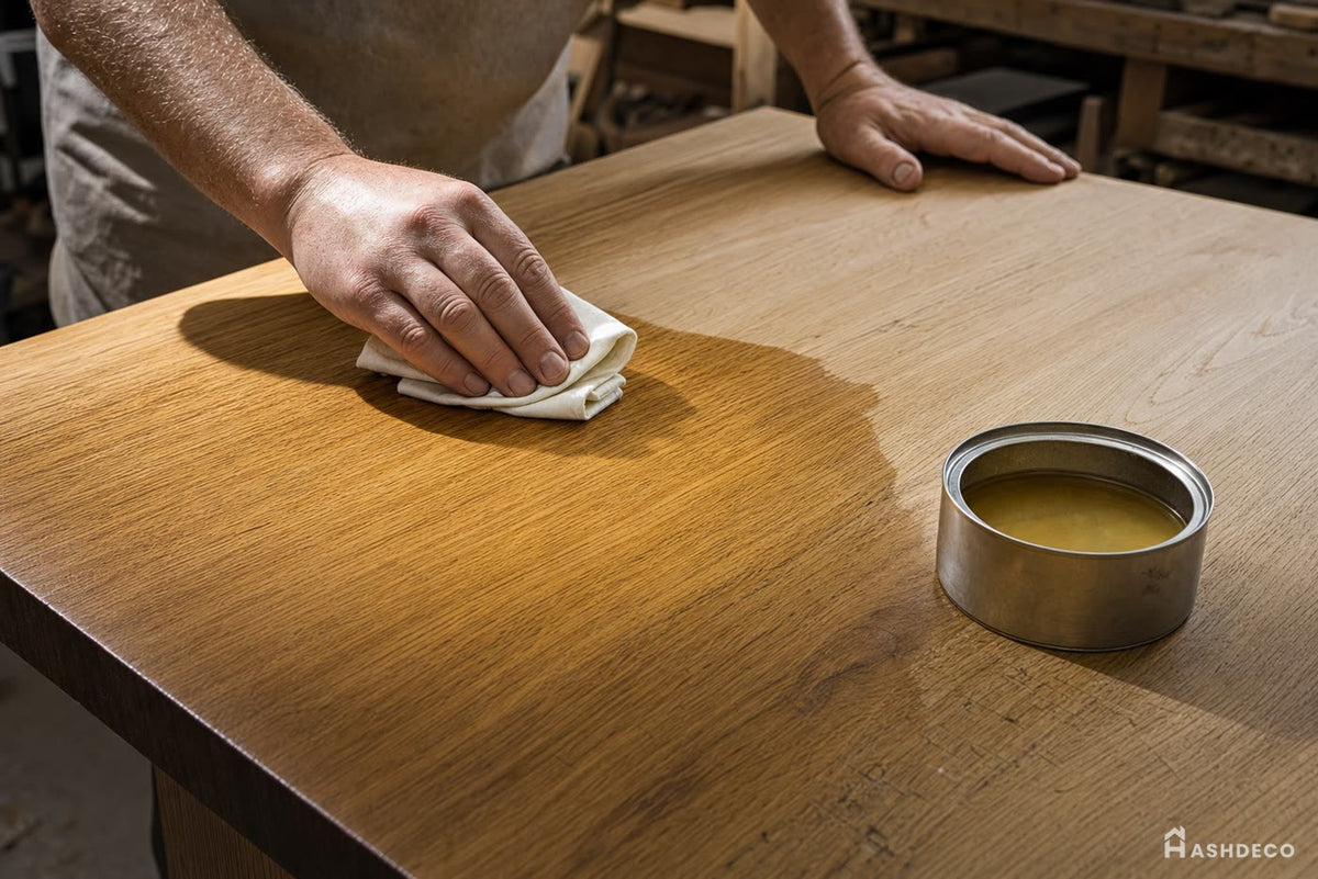 Applying furniture oil to a solid oak tabletop with a cloth.
