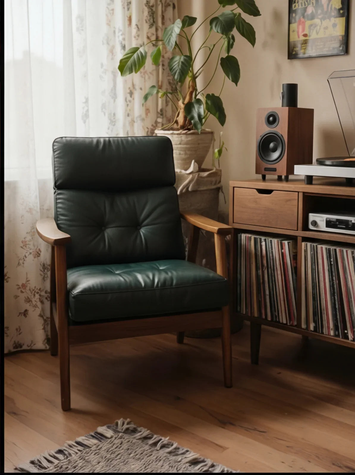 Mid-century modern green leather armchair and wood cabinet with vinyl records in cozy living room