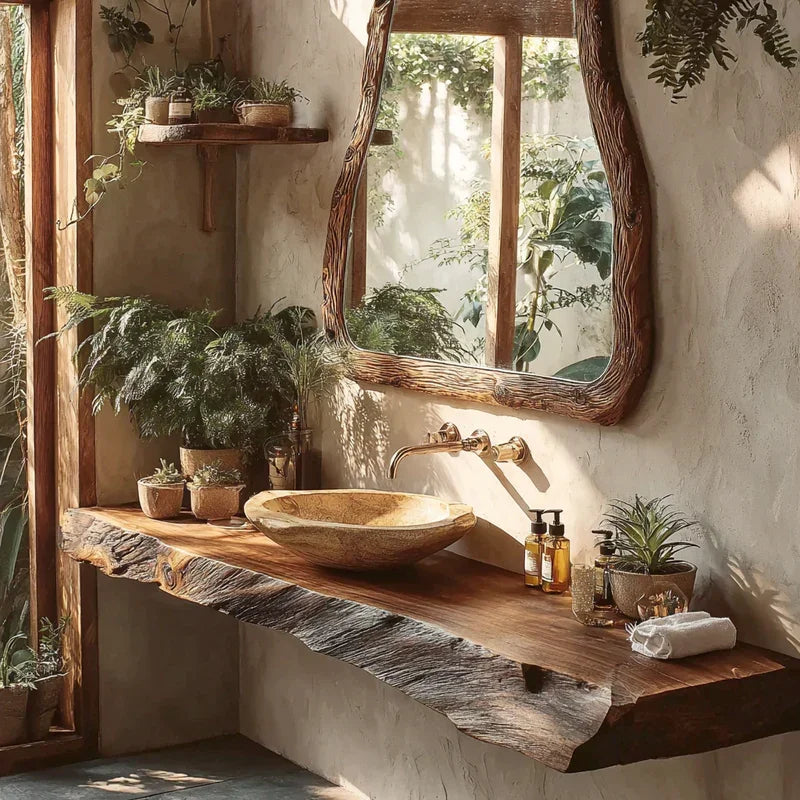Rustic bathroom with live edge wood vanity, vessel sink, natural mirror, and indoor plants